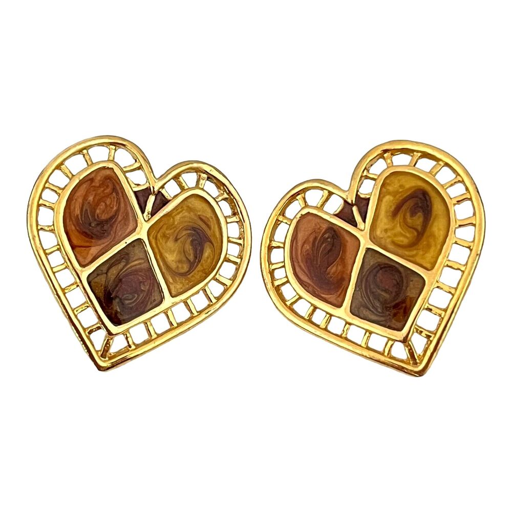 Vintage 1980s Gold Tone Heart Earrings Hand Applied Enamel Pierced NOS - 3GA